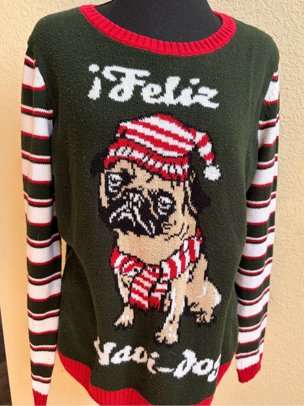 Ugly Christmas Sweater Green Red White Pug 'Feliz'